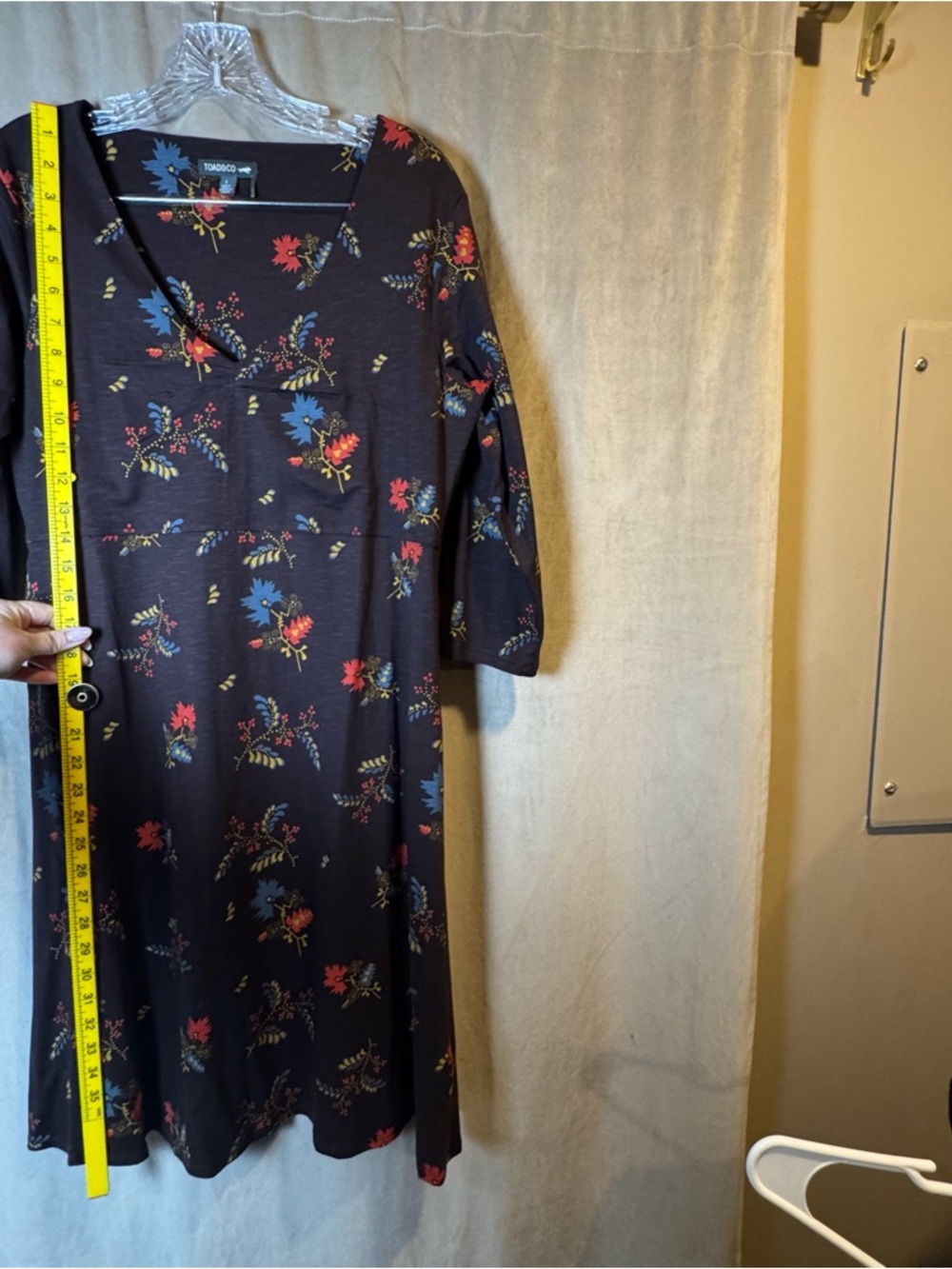 Toad&Co Brown Floral V-Neck Dress Feminine Fit and flare Organic Cotton Tencel L - Picture 6 of 8
